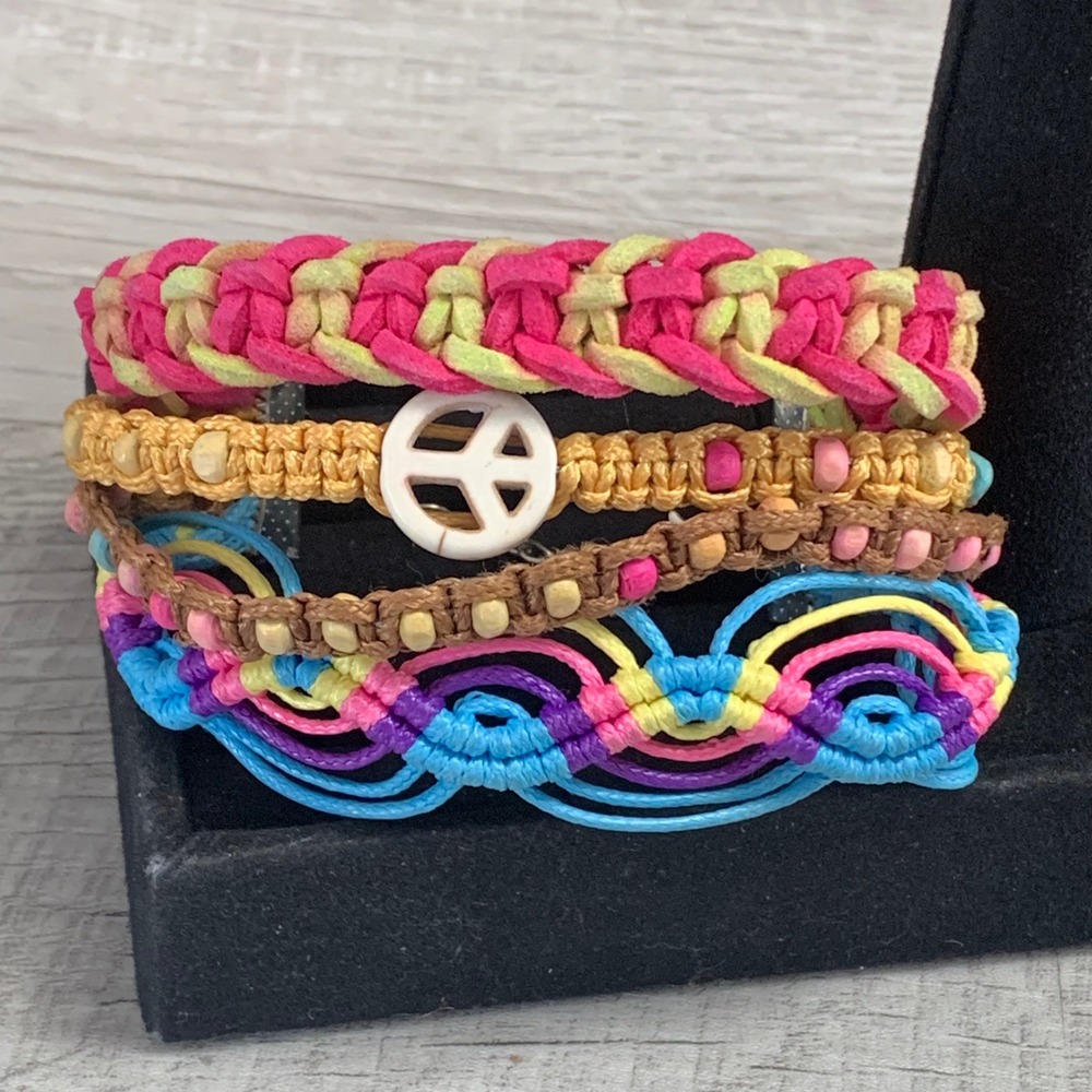 Boho Multi Strand Peace Sign Cord Bracelet Macrame Beaded Colorful 7-7.5 In